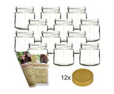 gouveo 12er Set Honiggläser 250g incl. Drehverschluss Kunststoff, Honiggläser, Vorratsgläser, Gewürzgläser incl. Flaschendiscount-Rezeptbroschüre