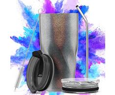 Avoalre Kaffeebecher to go Trinkbecher | Doppelwandig Vakuum Isolierter Autobecher mit Strohhalm 2 X Deckel Tumbler Coffee to go Becher- Schwarz