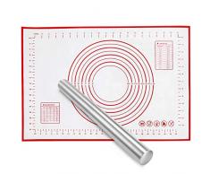 Yosemy Silikonmatte backmatte mit Edelstahl Nudelholz,Groß 60x40cm Rot,Backmatte SilikonBaking Mat Nonstick mit Messungen Fondant Teig Gebäck Backmatte Teigmatte Silikonmatte für Fondant, Pizza,Cookie