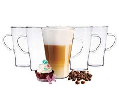 6 Latte Macchiato Gläser 400 ml mit Henkel und 6 Edelstahl-Löffel Teegläser Kaffeegläser
