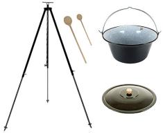 Grillplanet® Set 22 L Gulaschkessel mit Dreibein schwarz 1,80 m und Deckel (22 Liter original ungarischer Gulaschtopf Feuertopf Kesselgulasch Topf Feuerkessel Kochkessel Glühweinkessel Suppentopf Kessel)