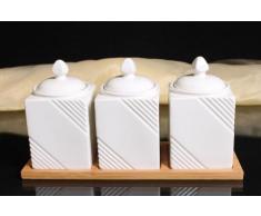 3er Bambus Porzellan Menageset Gewürz Set mit Tablett Küchenhelfer Gewürzmenage