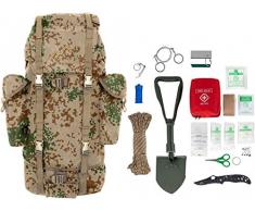 Survival Überlebens Set BW Bundeswehr Rucksack + Bundeswehr Mini Spaten nach TL + Einhandmesser + Erste Hilfe Notfall Kit + Drahtsäge + Flaschenöffner + Fire Rope in versch. Farben Farbe Tropentarn
