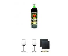 Kabänes Kräuterlikör aus Deutschland 0,7 Liter + 2 Bugatti Nosing Gläser mit Eichstrich 2cl und 4cl + 2 Schiefer Glasuntersetzer eckig ca. 9,5 cm Ø