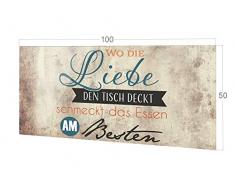 GRAZDesign Küchenrückwand Glas braun, Küchen Spritzschutz Herd grau, Nischenrückwand Küche Spruch, Glasplatte Küche Liebe den Tisch deckt / 100x50cm