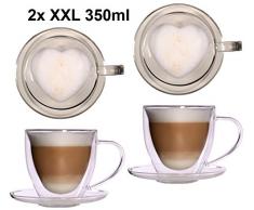 2x 350ml doppelwandige Glas Thermo-Herztassen mit Untersetzer - Glas-Teetasse / Kaffeetasse mit Schwebeeffekt, Herz Herzform innen zum Muttertag, Weihnachten - Feelino