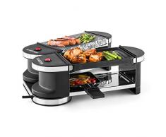 Klarstein Tenderloin Mini 50/50 Raclette - Tischgrill, Partygrill, Leistung: 600W, 4 Pfannen, Antihaftbeschichtung, freie Positionierung, 1 x Metall- 1 x Natursteinplatte, schwarz-Silber
