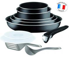 Tefal L2009802 Ingenio Essential Kochgeschirr-Set, 10-teilig (3 x Pfanne, 2 x Kasserolle, 2 x Deckel, abnehmbarer Griff, Bratwender, Schöpfer; PFOA-frei; antihaftbeschichtet) schwarz