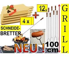 4 x Servierbretter Picknick Geschirr Grillbretter Picknick Geschirr natur + 12 x Grillspiesse, 100cm lang, Spiesse Gabel-Spieß + massive Schneidebretter Picknick Geschirr, Holzbrett 42 x 22cm, Grillbrett Servierbrett für Wurst,