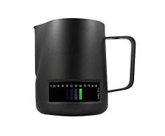 Milchkanne Schwarzer Temperiermilch-Texturierkrug mit Thermometer und 3 Farbanzeigetasten 600 ML - Milchschaumkrug zum Dämpfen von Milch Milchkännchen für perfekte Barista-Stil, Milchkaffee Latte Art