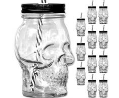 Unbekannt [ 12 Stück ] Trinkglas Cocktailglas Totenkopf 500ml mit Deckel und Strohhalm Becher aus Glas