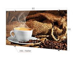 Spritzschutz Glas für die Küche Kaffeetasse dampfend Jute Sack Kaffeebohnen (80x50cm)