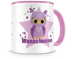 Samunshi® Kinder-Tasse mit Namen und einer lila Eule als Motiv Bild Kaffeetasse Teetasse Becher Kakaotasse Nr.7: rosa H:95mm / D:82mm