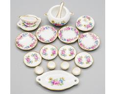 Odoria 1/12 Miniatur 18 Stück Porzellan Geschirr Set Suppenterrine und Schüsseln Rosa Rose Für Puppenhaus Küche Zubehör