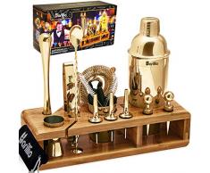 Barillio Elite Cocktail-Shaker-Set, Edelstahl, mit elegantem Bambusständer, Samtbeutel und Rezeptbroschüre (englischsprachig), 23-teiliges Set, Schwarz 23 pcs Bar Set with Stand gold