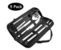 Grillbesteck Koffer, Orlegol 5-Teilig Edelstahl Grillzubehör Profi Grillbesteck Set BBQ Grill Besteck Kit mit Tragetasche für Outdoor Familien Garten Camping Männer Geschenk