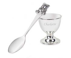 Personifizierter silberner Eierbecher u. Löffel graviert mit dem Namen jedes möglichen Kindes - große Taufgeschenke für Mädchen oder neue silberne Taufgeschenkidee des Baby-Jungen