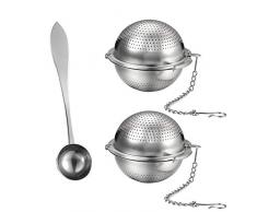 HAUSPROFI 2 Stück Teesieb 5.5 cm Teeei mit Kleiner Kette und Bajonettverschluss 1 Löffel 304 Edelstahl Teefilter für losen Tee und Mulling Gewürze