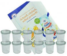 MamboCat 12er Set Weckgläser Sturzglas mit Deckel 140 ml I Original Weck Sturzglas Dessertglas I Einweckgläser mit Deckel für Kuchen Gelees UVM I inkl. Diamant-Zucker Gelierzauber Rezeptheft