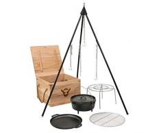 BBQ-Toro 6-teiliges Dutch Oven Kit in Holzkiste, Gusseisen, eingebrannt, Topf, Pfanne, Grillrost, Dreibein und mehr