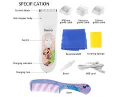 Bimirth Elektronischer Baby Haarschneider, Ruhig Schnurloser Haarschneidemaschine Kit für Kinder, USB Wiederaufladbare Haartrimmer mit Safe Ceramic Blade, Wasserdicht, 3 Schutzkamm