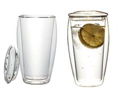 2x 400ml XL doppelwandige ThermoglÃ¤ser mit Glasdeckel (Thermo-Glas mit Schwebe-Effekt), ideal fÃ¼r Eistee, fÃ¼rs BÃ¼ro, unterwegs oder als Geschenk, LaBionda von Feelino
