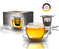 Creano Jumbo Tee-Tasse XXL aus Glas mit Henkel und integriertem Edelstahlsieb | 450ml