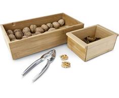 ROMINOX Geschenkartikel Nussknacker-Set // Nux – Edelstahl Nussknacker mit 2 Holzschalen, integrierte Auflagefläche, Nuss Reservoir & separater Behälter für die Schalen; Maße: ca. 30 x 16.3 x 7.5 cm