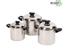 Kochtopf Set 6 teilig aus Edelstahl. 3 Töpfe mit schmalen Deckeln mit hitzebeständigen Griffen. Kochset Langlebig. Silber. Geeignet für Gaskocher, Camping Kochgeschirr für Outdoor Reisen und Festivals