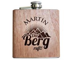 Holz Flachmann Der Berg ruft, mit persönlicher Namens Gravur! Geschenk Wandern Klettern Bergsteiger Ski Fahrer Urlaub