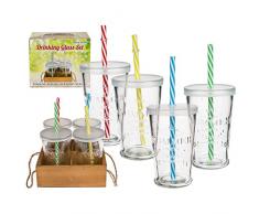 4 teiliges Gläserset,Trinkgläser Summer Party mit Kunststoffdeckel und Strohhalm