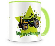 Samunshi® Kinder-Tasse mit Namen und einem Alten Trecker Traktor als Motiv Bild Kaffeetasse Teetasse Becher Kakaotasse Nr.2: grün H:95mm / D:82mm