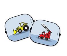 Auto Sonnenschutz Set Fahrzeuge - Feuerwehr und Frontlader - Sonnenblende Schattenspender Babysitz Auto Kinder Sonnenschutzblende
