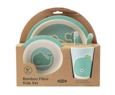 Bambus-Geschirr-Set für Kinder, runder Bambusteller, Kinder-Besteck, Bambus-Schale, Kinderbecher, umweltfreundlich, BPA-frei und spülmaschinenfest, 5-teilig Blue Whale