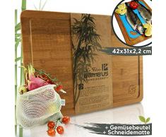 Le Flair Neuheit 3 in 1 Set Bambus Holz Schneidebrett + Obst- und Gemüsebeutel + Schneidematte - Hackbrett u. Tranchierbrett Küchenbrett 42x31x2,2cm - Bambusbrett mit Saftrille & Filzfüßchen