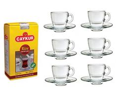 Kombi Pack 1: 6 Teegläser, Henkelbecher mit Glasunterteller Aqua Set von Pasabahce mit 1kg Caykur Rize Turist Türkischer Tee, Schwarztee