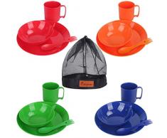 Bisgear Familie Camping Geschirr Melamime - 4 Personen Leicht Hochwertig Campinggeschirr Melamin Set inkl. 4 Teller, 4 Löffel & Gabel, 4 Tasse Kochgeschirr, 4 Schüssel,Netztasche für Outdoor Kochen