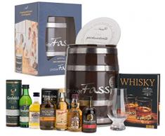Whisky Geschenk | 6 Whisky Klassiker (6 x 0.05l) - 1 Glencairn Nosing Glas und ein interessantes Buch über Whisky in einem originellen Fass mit Geschenkverpackung