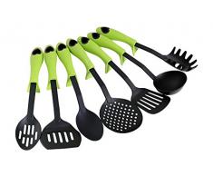 Ambrosya® | Küchenhelfer-Set aus 7 Teilen | Kelle Kochgeschirr Kochset Küchenset Küchenutensilien Löffel Nudelzange Pastaheber Pastalöffel Pfannenwender Schöpfkelle Zange (7 Teile, Grün)