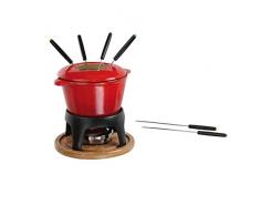 Fondue Gusseisen Käsefondue Set Fondueset Käse Schokofondue 6 Personen 1 Liter (Gelbrenner, 6 Fonduegabeln, Deckel mit Spritzschutz, Holzbrett, Rot)