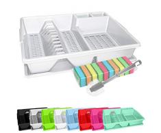 WELLGRO Abtropfgestell, Reinigungsbürste und 10 Schwämme - ca. 44 x 35 x 9 cm (LxBxH) - Abtropfgitter - Abtropfschale - Geschirrständer - Geschirrkorb - Abtropfkorb, Farbe:Weiß