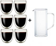 Klasique Doppelwandige Gläser Doppelwandglas 250 ml, Thermoglas mit Schwebeeffekt im 6er Set + Doppelwandiger Krug/Karaffe 1 L, für, Cappucino, Tee, Eistee, Säfte, Wasser, Cola, Cocktails