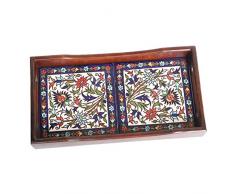 Casa Moro Orientalisches Serviertablett Karim M2 aus Echtholz mit handbemalten Fliesen 32x17x5 cm (B/T/H) mit Griffen rechteckig | Handmade Holz-Tablett für Küche Service Deko Frühstück | T1002