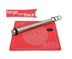 Edelstahl Teigroller Nudelholz mit Dicke-Verstellbares Ringe, Antihaft Teigrolle Backzubehör, Backmatte Silikon Backunterlage 50x40cm Ausrollmatte Silikonmatte Teigunterlage für Fondant Pizza Teig