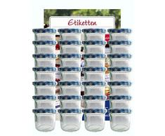 hocz Vorratsgläser-Sturzgläser Set | Menge 25 Stück | Füllmenge 125 ml | inkl. Schraubdeckel Deckelfarbe Blau Karriert 25 Etiketten | für Marmeladengläser Haushaltsetiketten beschriften Gläse