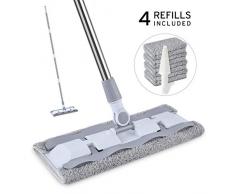HOMTOYOU Bodenwischer, Wischmopp Wischer mit breitem Wischkopf für große Flächenwisch, Ultra langem Teleskopstiel, 360° Drehgelenk, 4-er Pack waschbarer Mikrofaser Mop-Pads