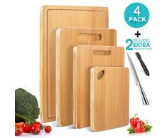 MASTERTOP 4er Bambus Schneidebrett Set mit Saftrille, Schneidebretter Holz mit 1 Messerschärfer und Messer, Multifunktional Schneidebretter in verschiedenen Größen für Fleisch,Obst