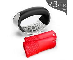 KYONANO Knoblauchpresse, Knoblauchschneider aus Edelstahl 304, 1 Knoblauchpresse Edelstahl Rostfrei 10.57cm + 2 Silikon Knoblauchschäler, Knoblauchpresser Spülmaschinengeeignet, Ingwerpresse(3er/Set)