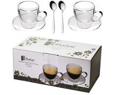 Feelino 2X 80ml doppelwandige Espresso-Tassen + 2X Edelstahl-LÖFFEL Espressolöffel, mit Henkel und Untersetzer, modern und Zeitloses Design in toller Verpackung, by