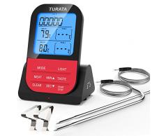 TURATA Fleischthermometer Funk Bratenthermometer mit Zeitmesser, 2 Temperaturfühlern Sonden, Magnetrückwand, Hintergrundbeleuchtung LCD Display Sofortiges Auslesen, Digital Grillthermometer (rot)